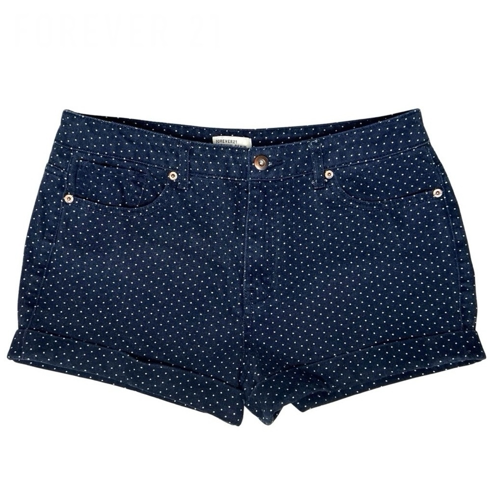 Forever 21 Shorts Denim Cuffed Hem Polka Dot Navy Blue White 31